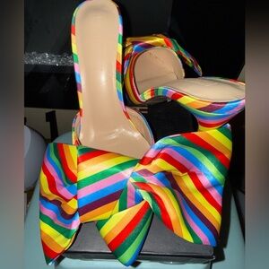 Rainbow Stripe Bow High Heel Mules - Multicolor Women's Heels
